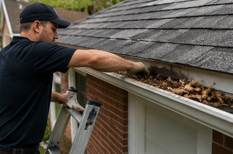 Seamless gutter along a finished roof edge