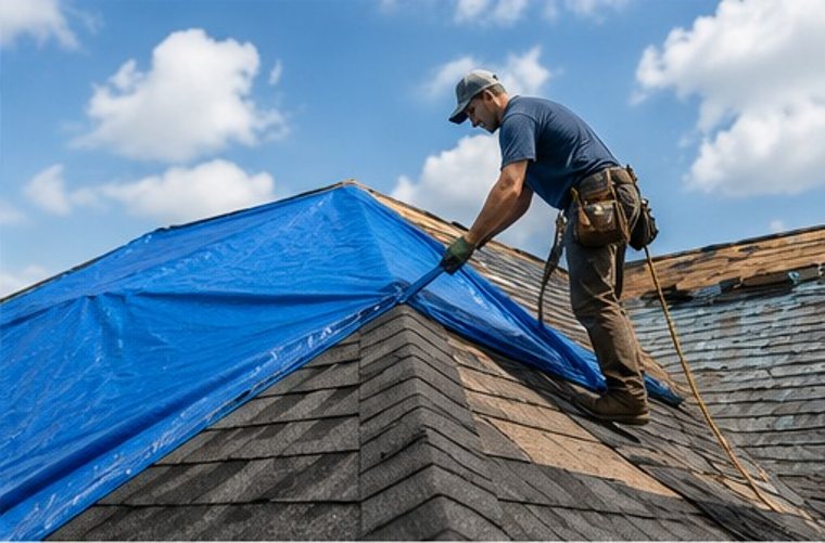 Emergency roof tarp installed after storm damage