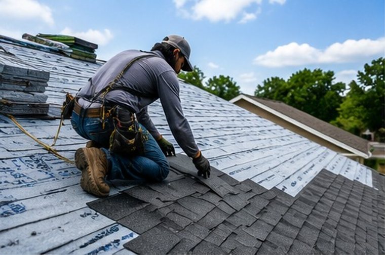 New underlayment and roof installation in progress