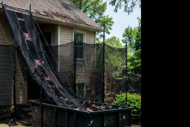 Debris chute funneling tear-off into a dumpster