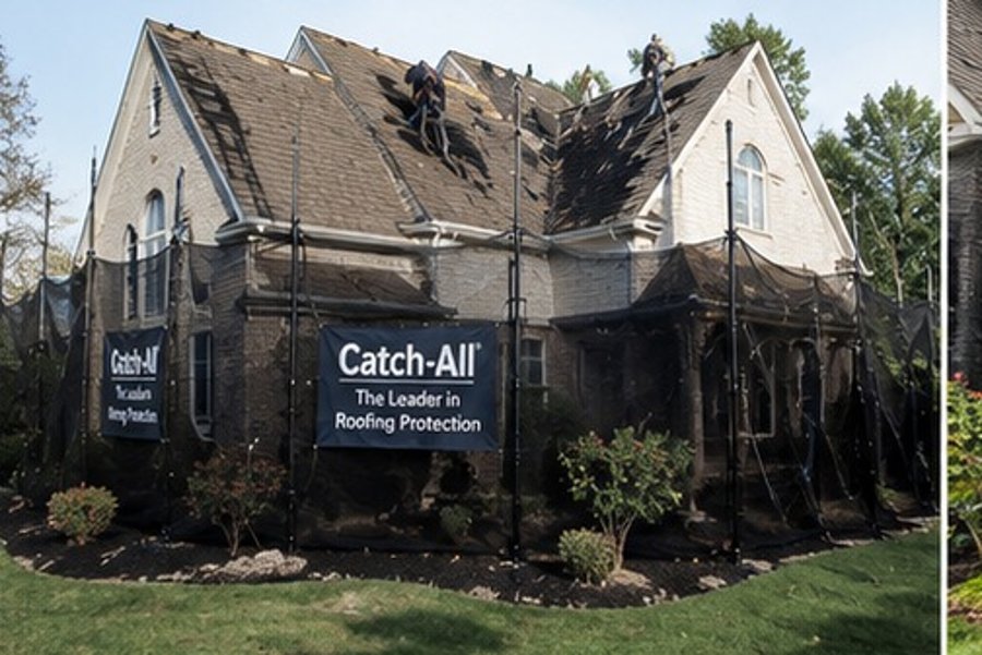 Home wrapped in the Catch-All property-protection netting system during a roof replacement