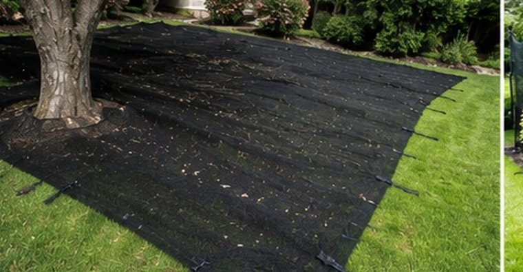 Ground protection netting covering the lawn during a roof replacement