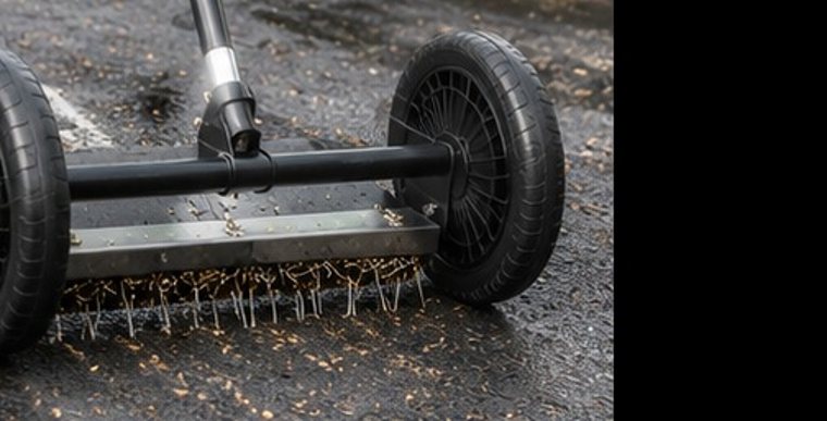 Magnetic sweeper collecting stray roofing nails
